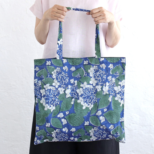 インド綿ブロックプリント 木版染めトートバッグ（紫陽花/ネイビー