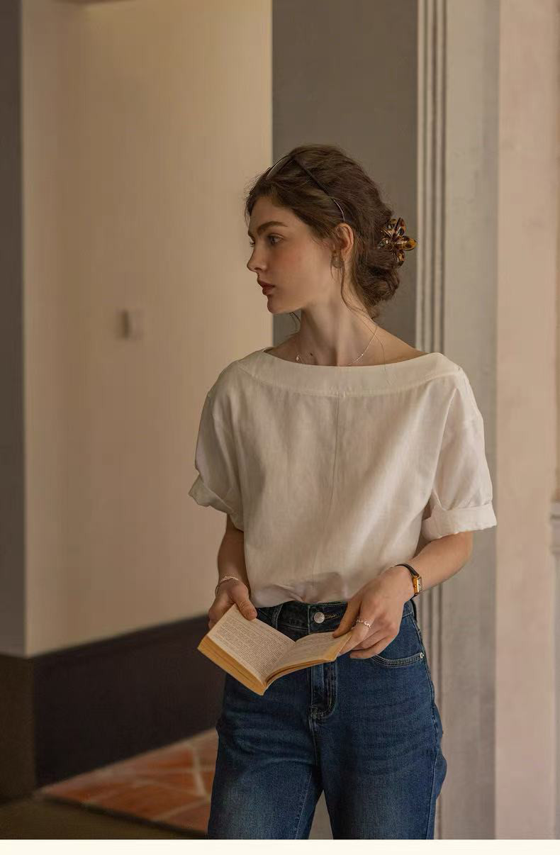 前後2wayブラウス　半袖ブラウス　コットンリネン