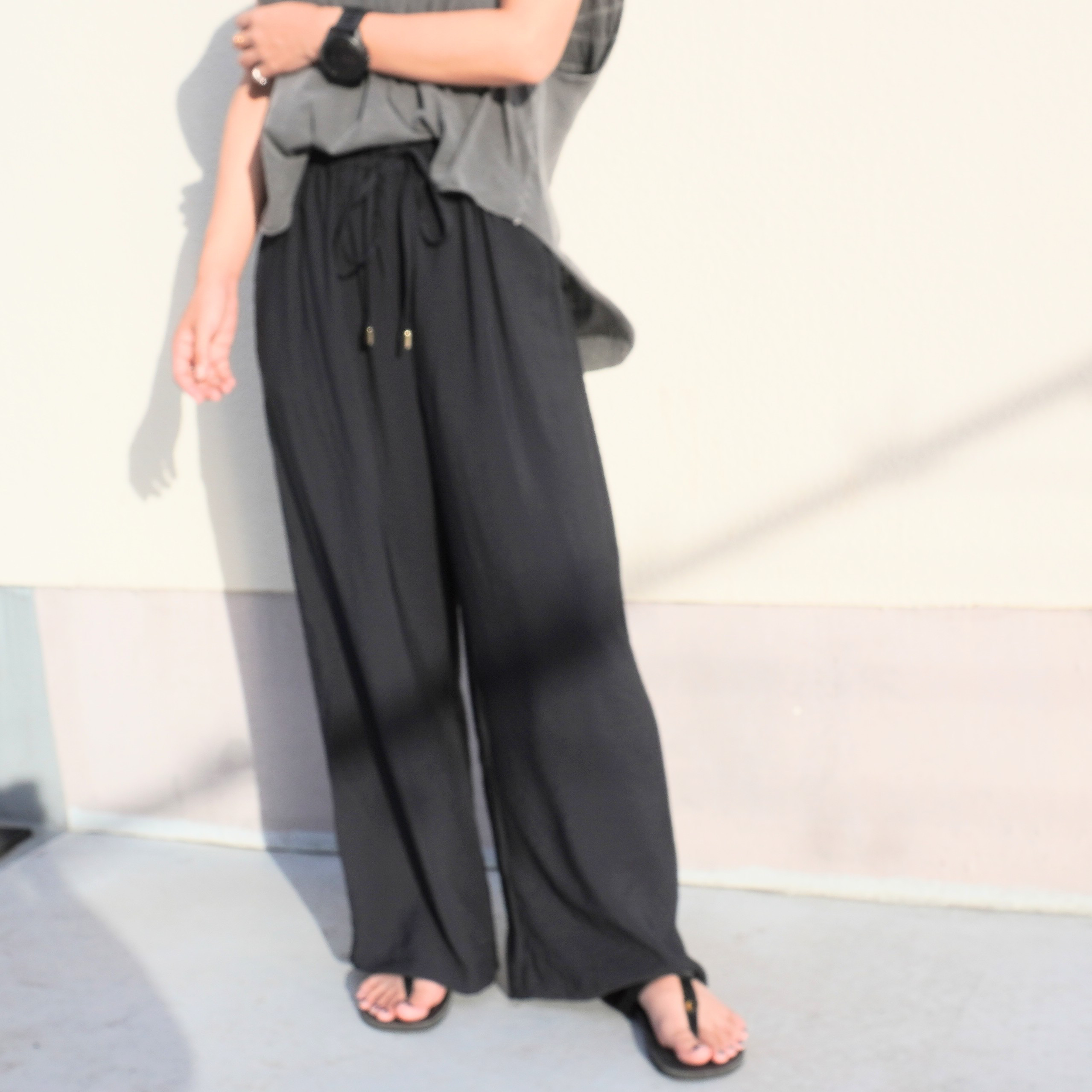 【サラッと涼しいパンツ】ワイドパンツ　イージケア　日本製　ブラック