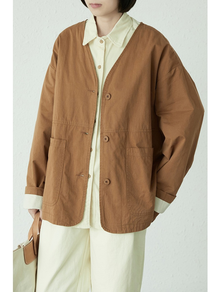 レディース 綿ジャケット Vネック 長袖 無地 ゆったり ジップアップ