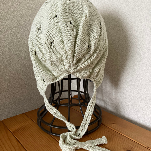 手編み ボンネット風コットン帽子 フード帽 ケア帽子 ニット帽