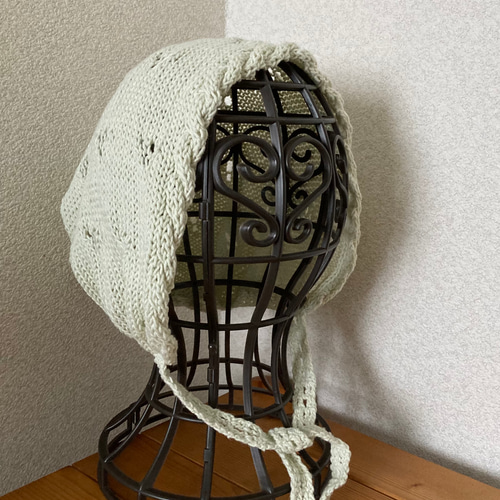 手編み ボンネット風コットン帽子 フード帽 ケア帽子 ニット帽