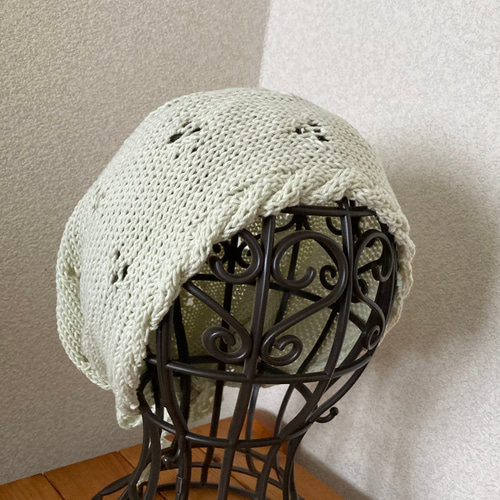 手編み ボンネット風コットン帽子 フード帽 ケア帽子 ニット帽