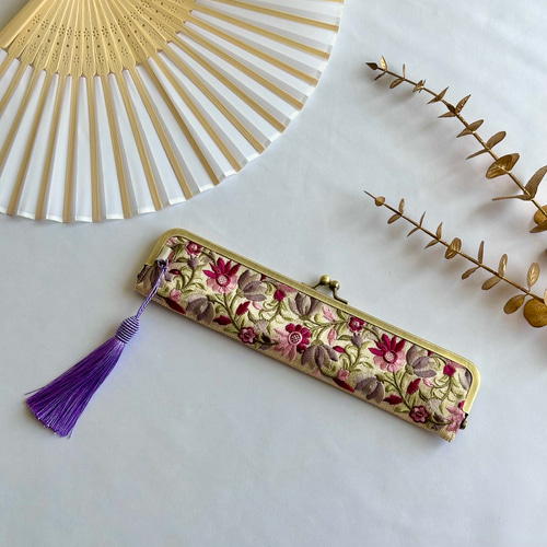 扇子入れ がま口 インド刺繍リボン 扇子ケース 合皮 タッセル 扇子
