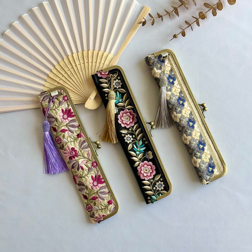 扇子入れ がま口 インド刺繍リボン 扇子ケース 合皮 タッセル 扇子