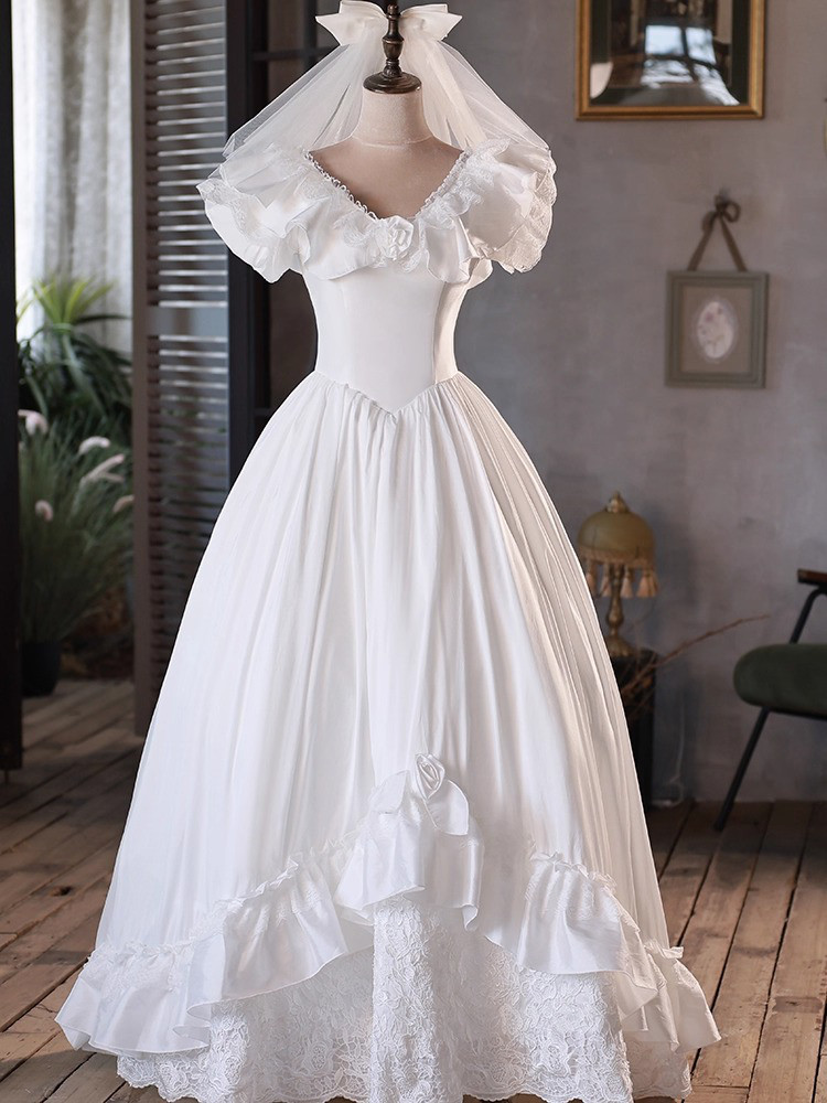 ウェディングドレス 結婚式 前撮り ロング プリンセス サテン フリル レース 白 上品 韓国風 D064