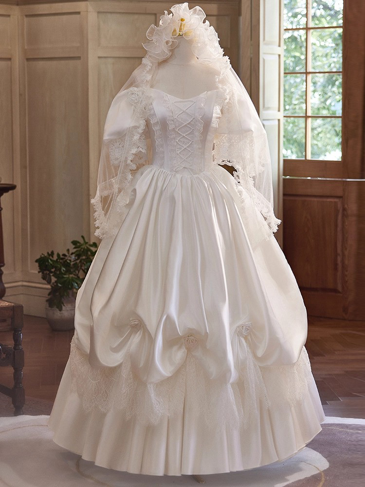 ウェディングドレス 結婚式 前撮り ロング プリンセス サテン 花 フリル レース 白 綺麗 上品 韓国風 D068