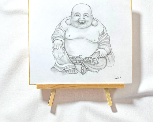 福を招く布袋さま-七福神 縁起物 手書き一点もの 墨絵色紙（木製