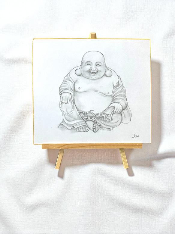 福を招く布袋さま-七福神 縁起物 手書き一点もの 墨絵色紙（木製