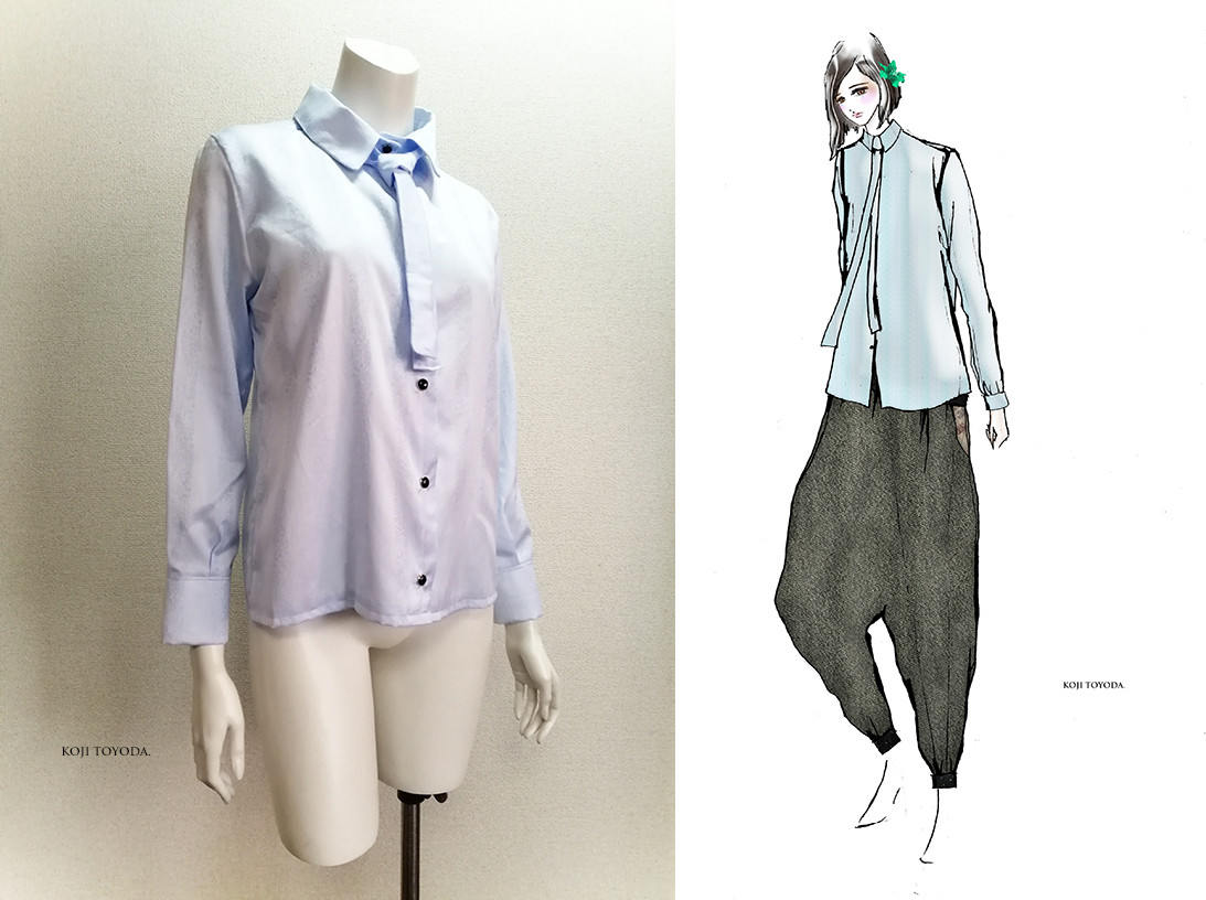 【1点もの・デザイン画付き】播州織ドビーストライプサックス水色生地ブラウス（KOJI TOYODA）