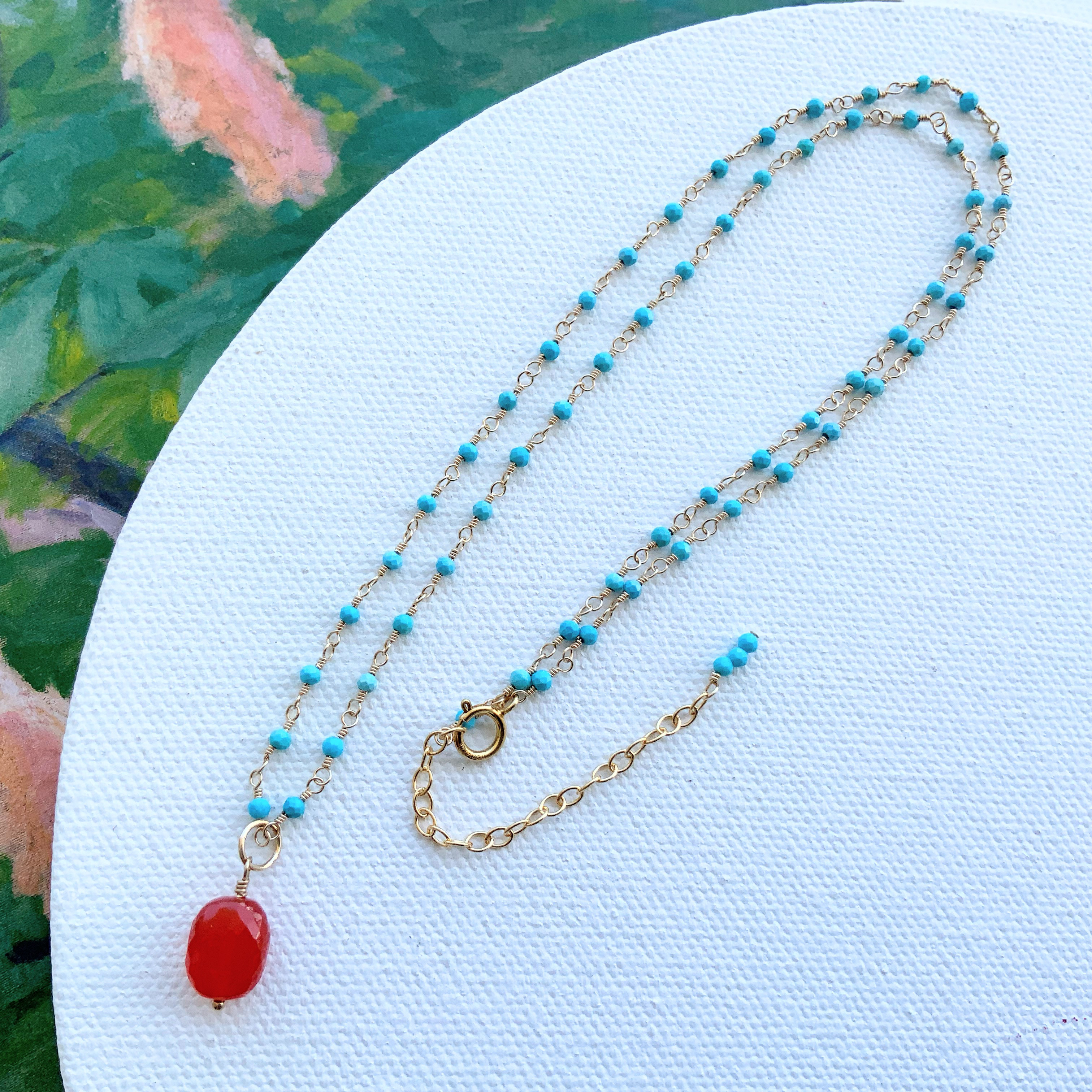 極小ターコイズの45cm華奢ネックレス✴︎高品質カーネリアンのペンダントトップ付（All 14Kgf）