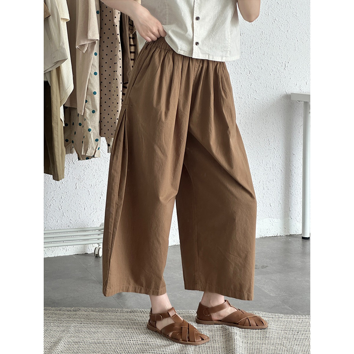 レディース 綿スカートパンツ ハイウエスト 九分丈 ゆったり カジュアル