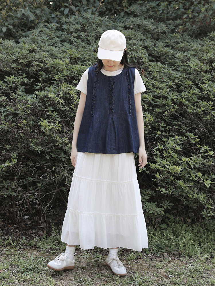 レディース 綿ノースリーブデニムベスト 涼感 ユニセックス トップス