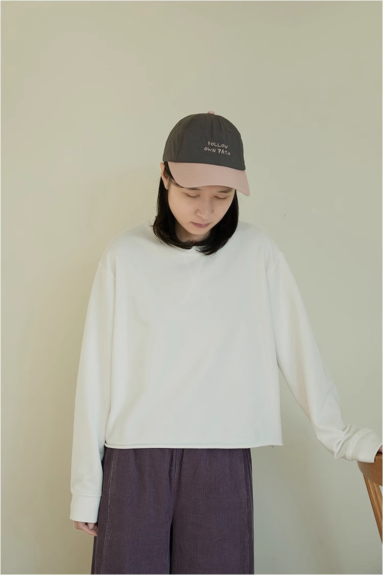 レディース 綿スウェット クルーネック 長袖 無地 ショート丈 トップス