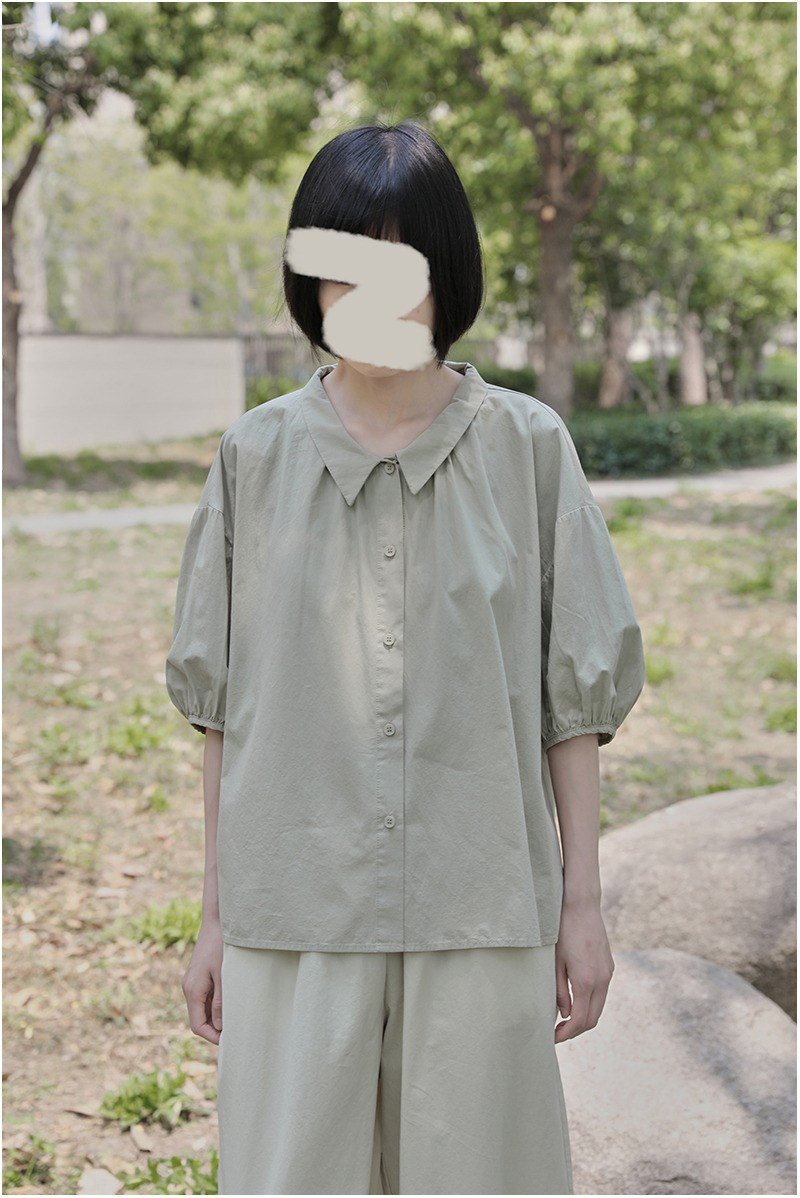 レディース 綿シャツ バルーンスリーブ テーラードカラー ゆったり