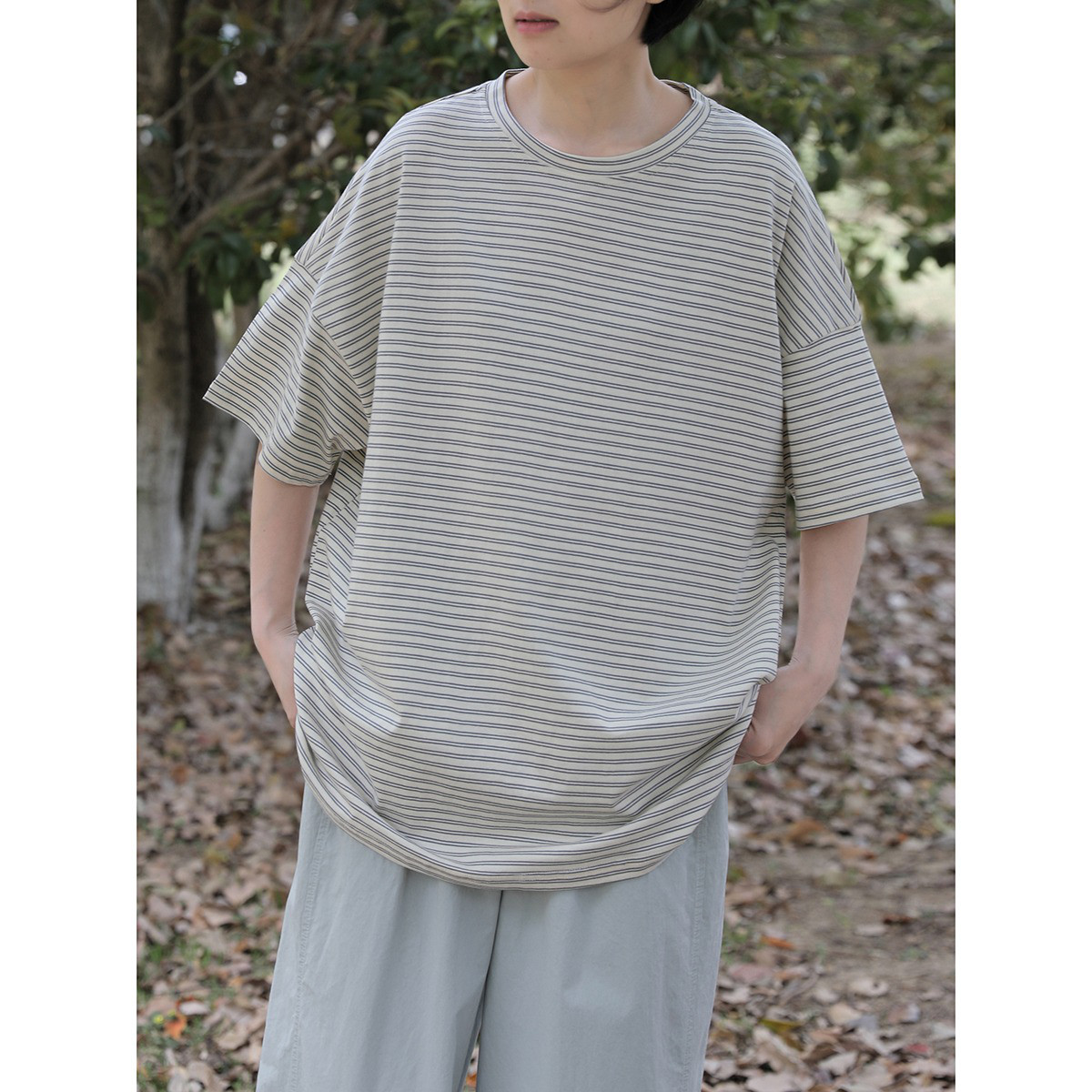 レディース 綿ボーダーTシャツ クルーネック 半袖 ゆったり 薄手トップス