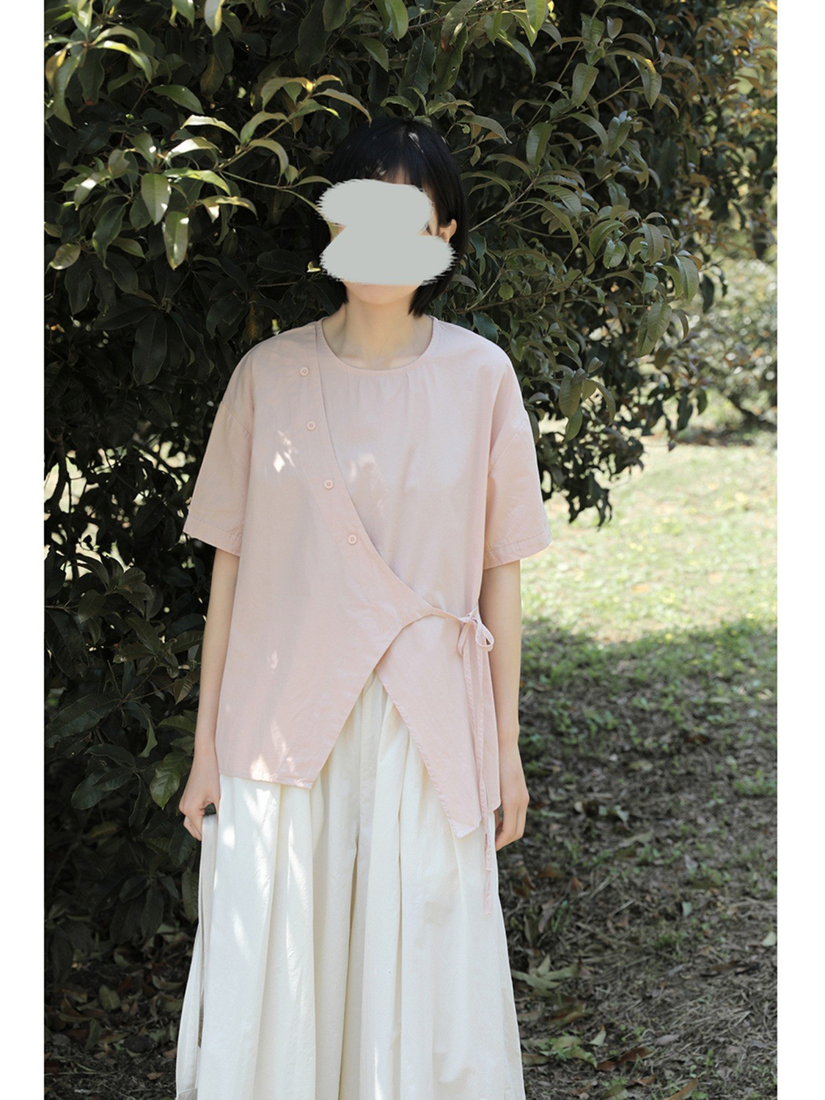 レディース 綿シャツ クルーネック 半袖 無地 リボン付き トップス