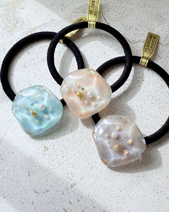 海のヘアゴム】3色展開｜桃色の海・南国の海・静かな海／レジン・貝殻