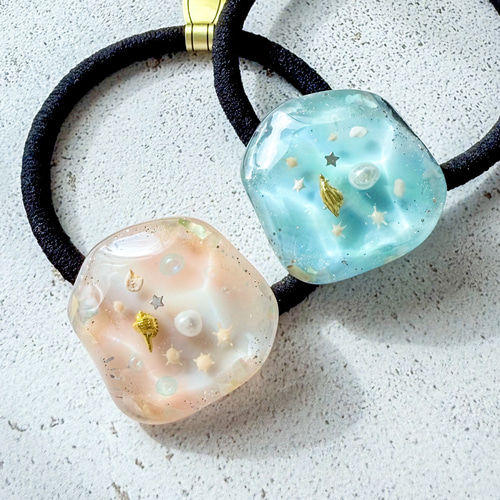 海のヘアゴム】3色展開｜桃色の海・南国の海・静かな海／レジン・貝殻