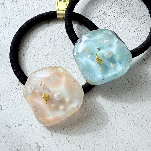 海のヘアゴム】3色展開｜桃色の海・南国の海・静かな海／レジン・貝殻