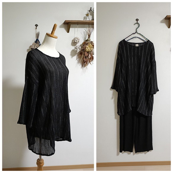 ☆セール☆備後織楊柳ストライプチュニックブラック 1枚目の画像