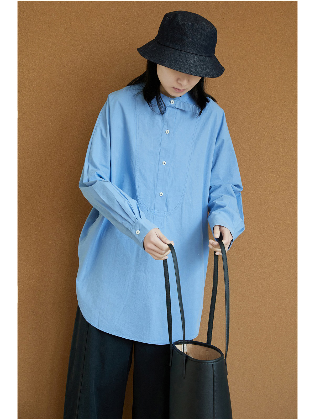 レディース 綿シャツ スタンドカラー ミディ丈 無地 長袖トップス