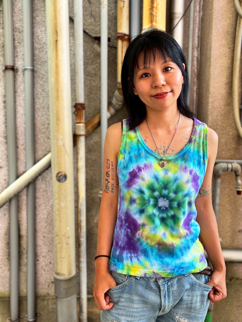 タイダイ タンクトップ Lサイズ 曼荼羅模様 ブルー×パープル×グリーン HD24-42