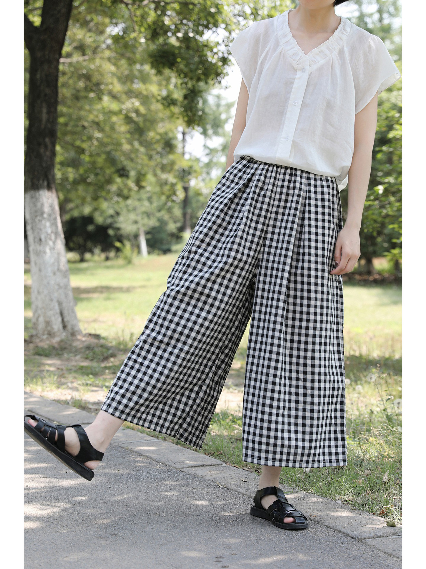 レディース 綿チェック柄スカートパンツ ハイウエスト ワイドパンツ