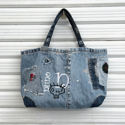 ハンドメイド　本革✖︎岡山デニム　改良2wayハンドバッグ　刺繍花柄　オーダー専用 岡山井原デニム トートバッグ「テディベア」刺繍 - fRom fRAum