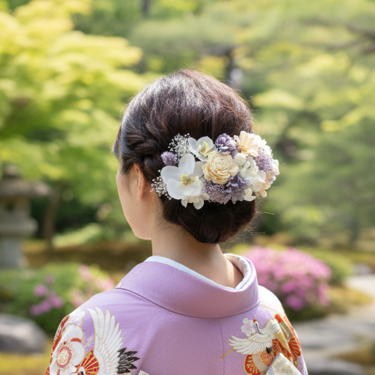 胡蝶蘭とパープル紫陽花の髪飾り 卒業式 成人式 結婚式 プリザーブドフラワー ヘッドドレス 和装　花　髪かざり　白　紫