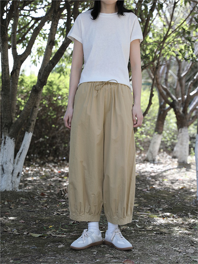 レディース 綿パンツ 裾デザイン ゆったり 薄手 ロング丈 ワイド