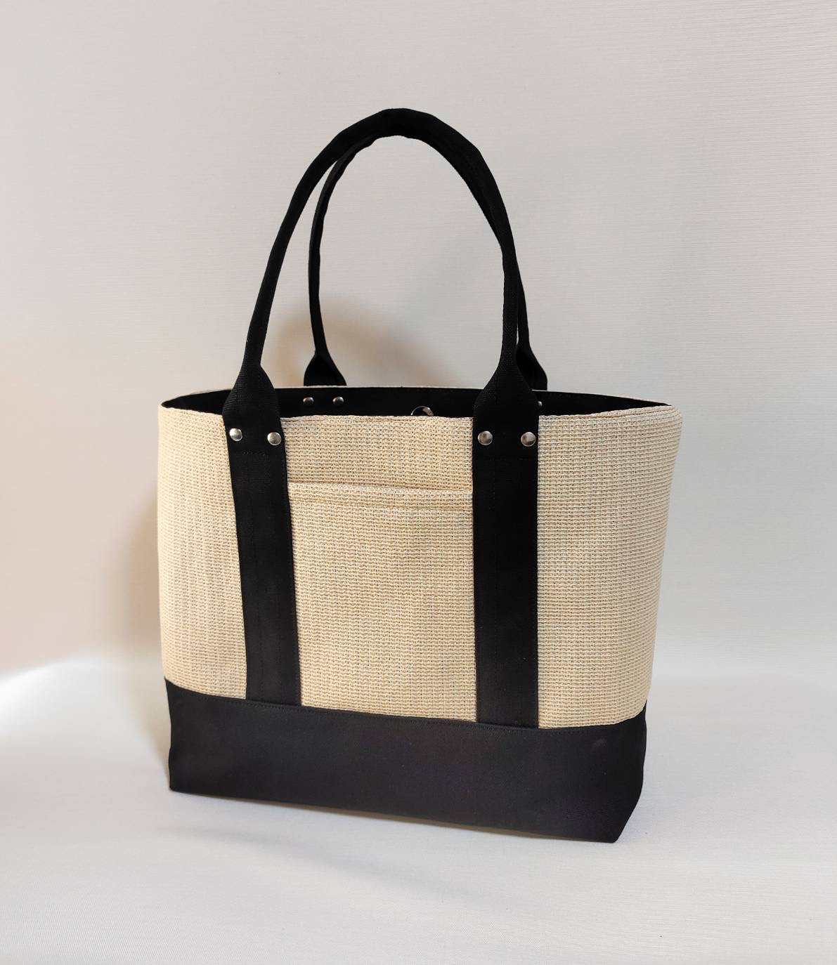 帆布×カゴ風トート｜軽量ナチュラルバッグ／ブラック（L）