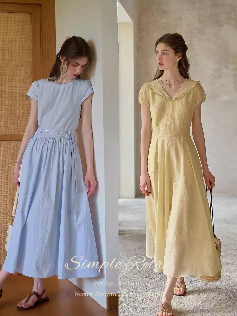 ロングワンピース　半袖ワンピース　ハイウェスト 　二色 8,806円