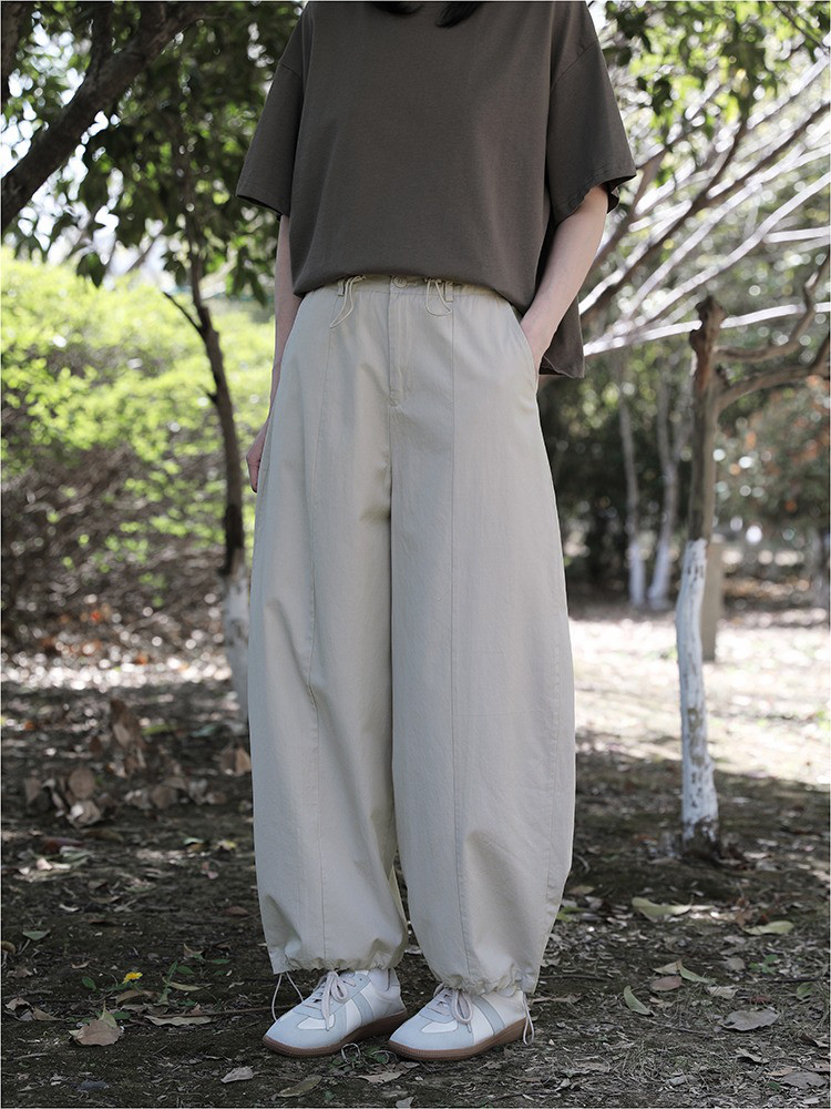 レディース 綿パンツ ウエストゴム 裾調節 薄手 ワイドパンツ