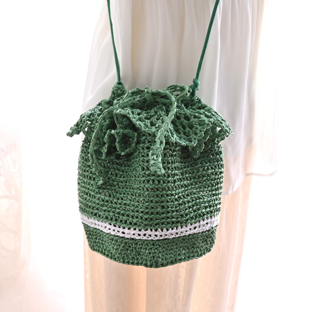 夏！フリルつき♪巾着型 丸底 サマーバッグ《グリーン》