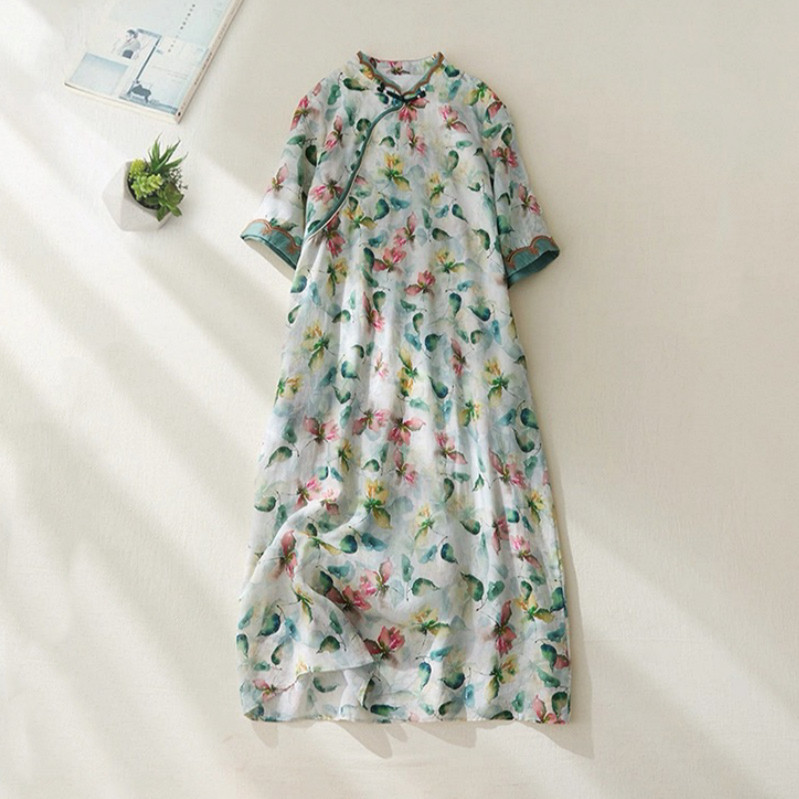 ワンピース、綿麻、夏、半袖、刺繍