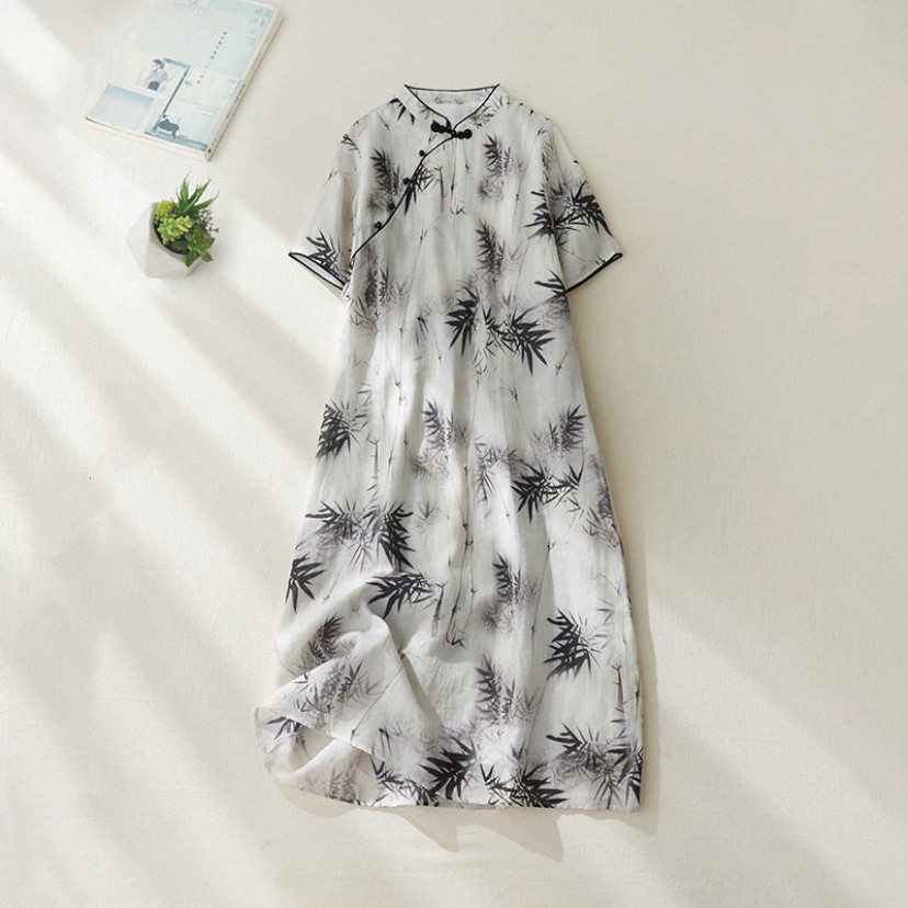 ワンピース、綿麻、夏、半袖、刺繍