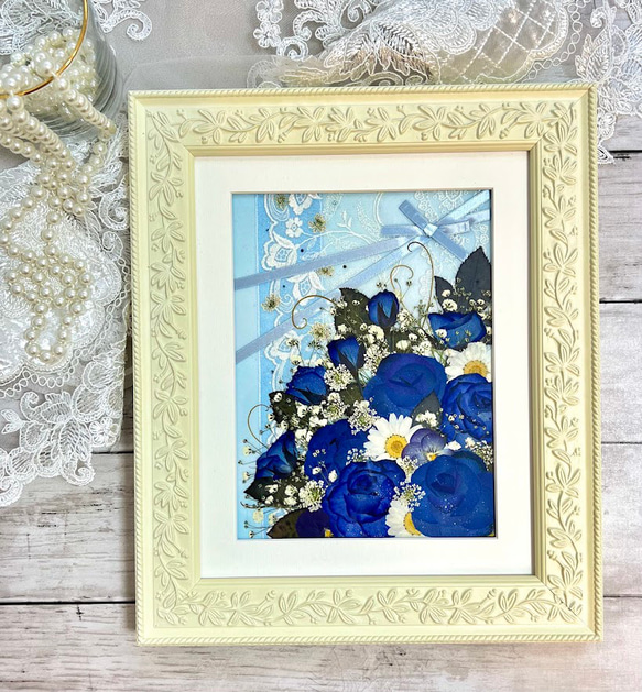 押し花アート額【タテ54cm×ヨコ45cm】 薔薇 貴重な青い薔薇の押し花アート額04 その他アート 神戸六甲 優花