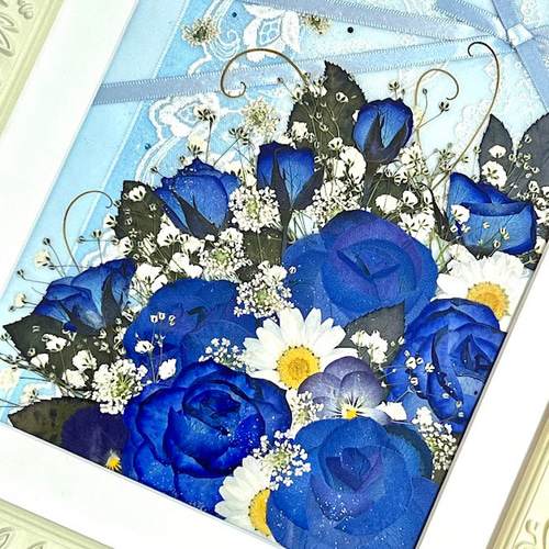 青い花束 押し花 額 絵