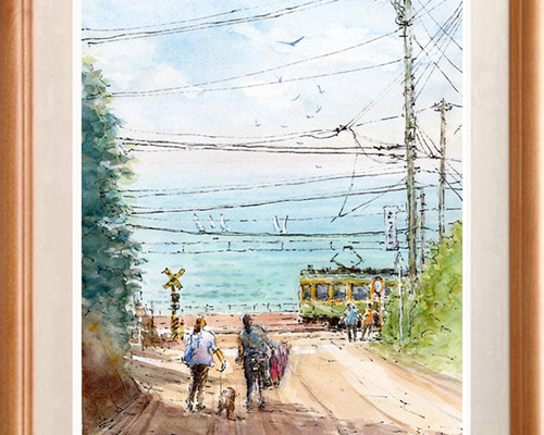 水彩画原画 江ノ電と湘南の海・日坂から ＃670 絵画 syoumei
