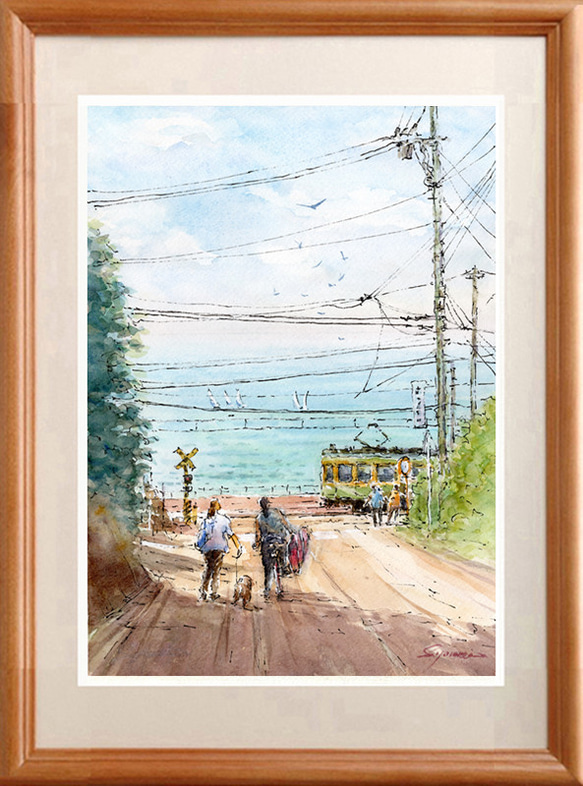 水彩画原画　江ノ電と湘南の海・日坂から　＃670 水彩画原画 江ノ電と湘南の海・日坂から ＃670 絵画 syoumei