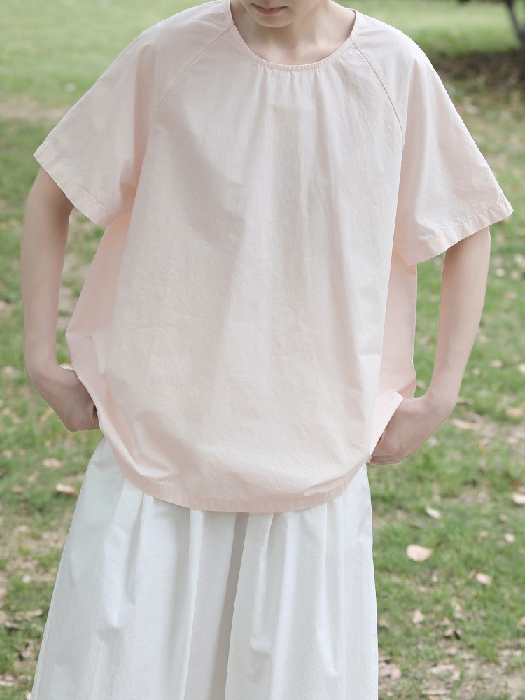 レディース 綿シャツ 半袖 バックボタン ゆったり ベーシックトップス