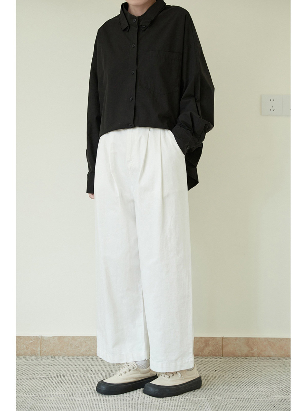 レディース 綿パンツ ハイウエスト ストレート 無地 ゆったり ベーシックワイドパンツ