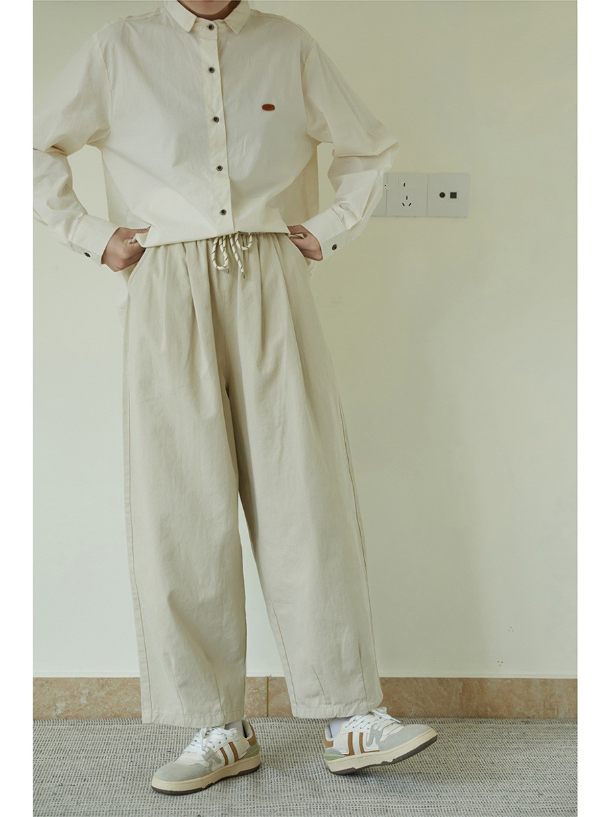 レディース 綿パンツ ウエストゴム ドローコード ワイドパンツ ロング丈