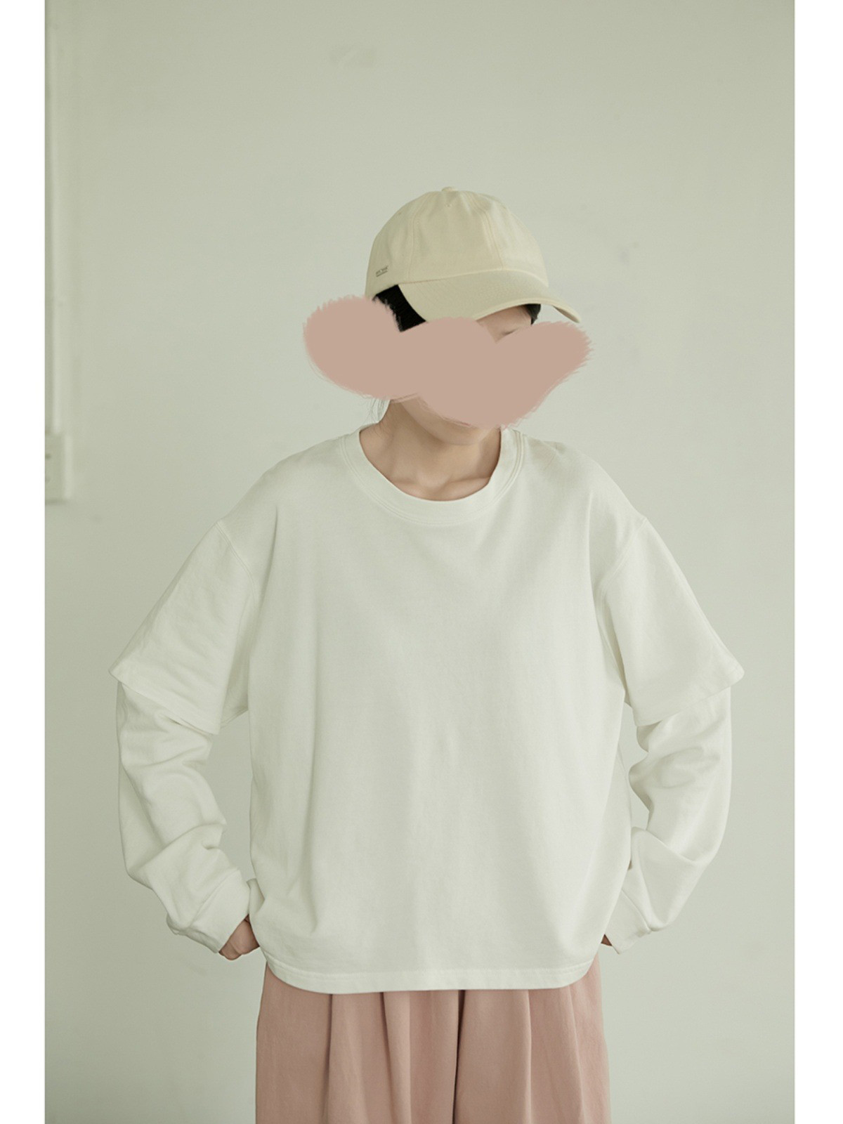 レディース 綿スウェット クルーネック 長袖 レイヤード風 トップス