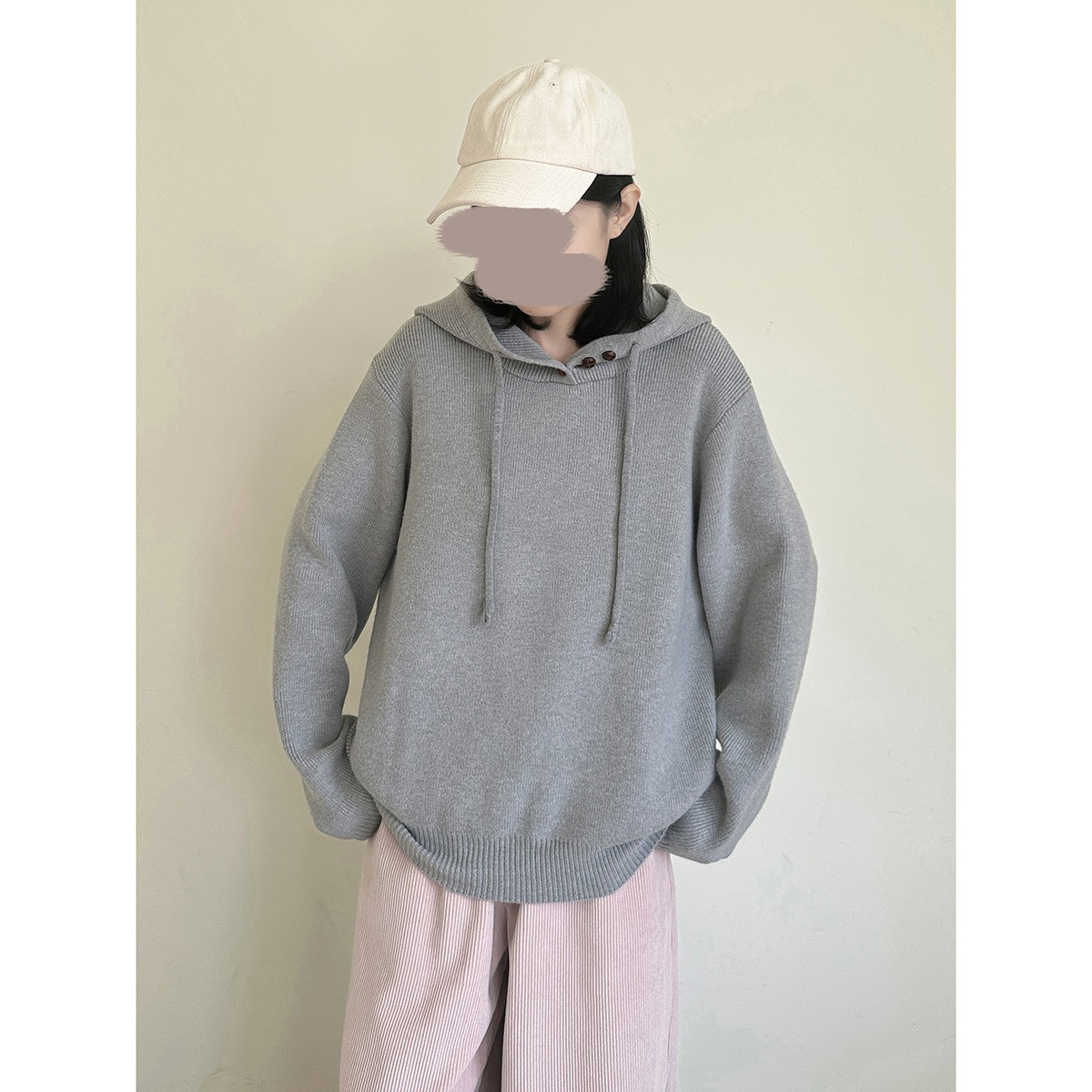 レディース ニットパーカー フード付き 三つボタン 長袖 ニットトップス