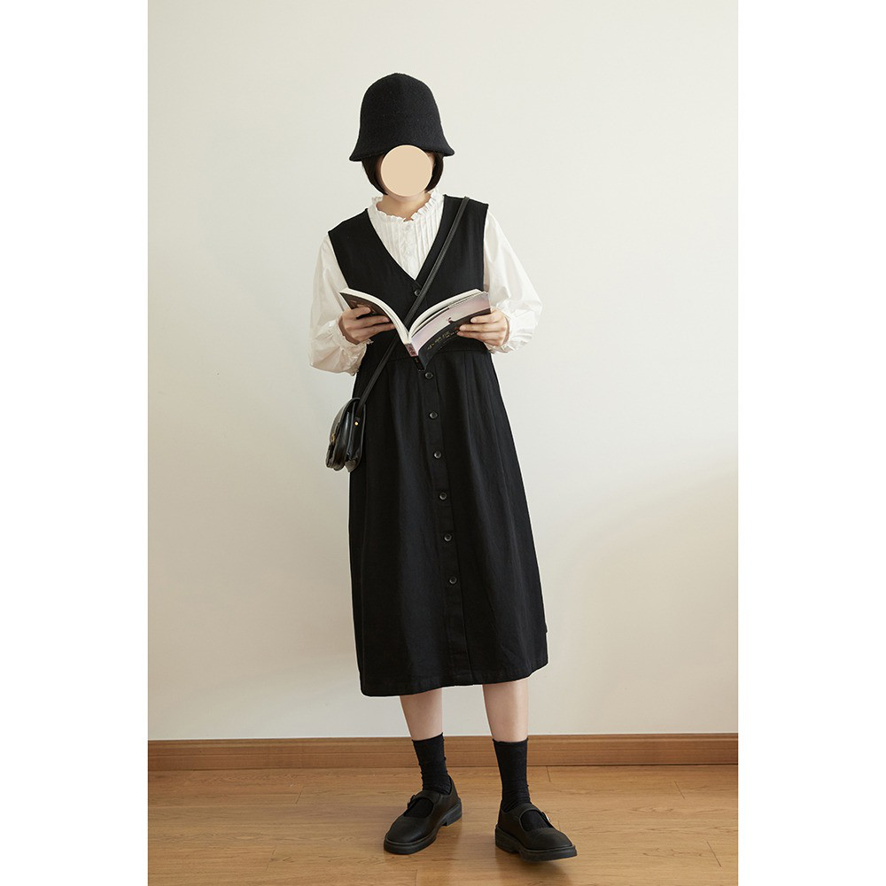 レディース 綿ワンピース ノースリーブ Vネック ミモレ丈 ベストワンピ