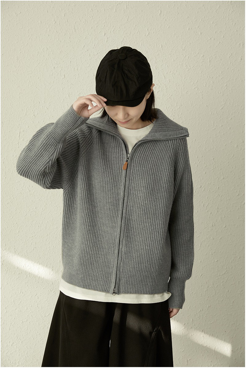 レディース ニットカーディガン テーラードカラー ダブルジップ ゆったり ショート丈