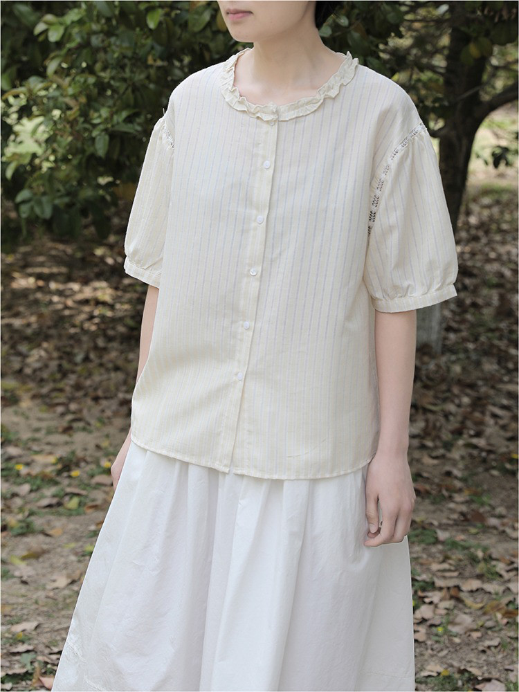 レディース 綿シャツ 半袖 フリルカラー 薄手 ゆったりトップス