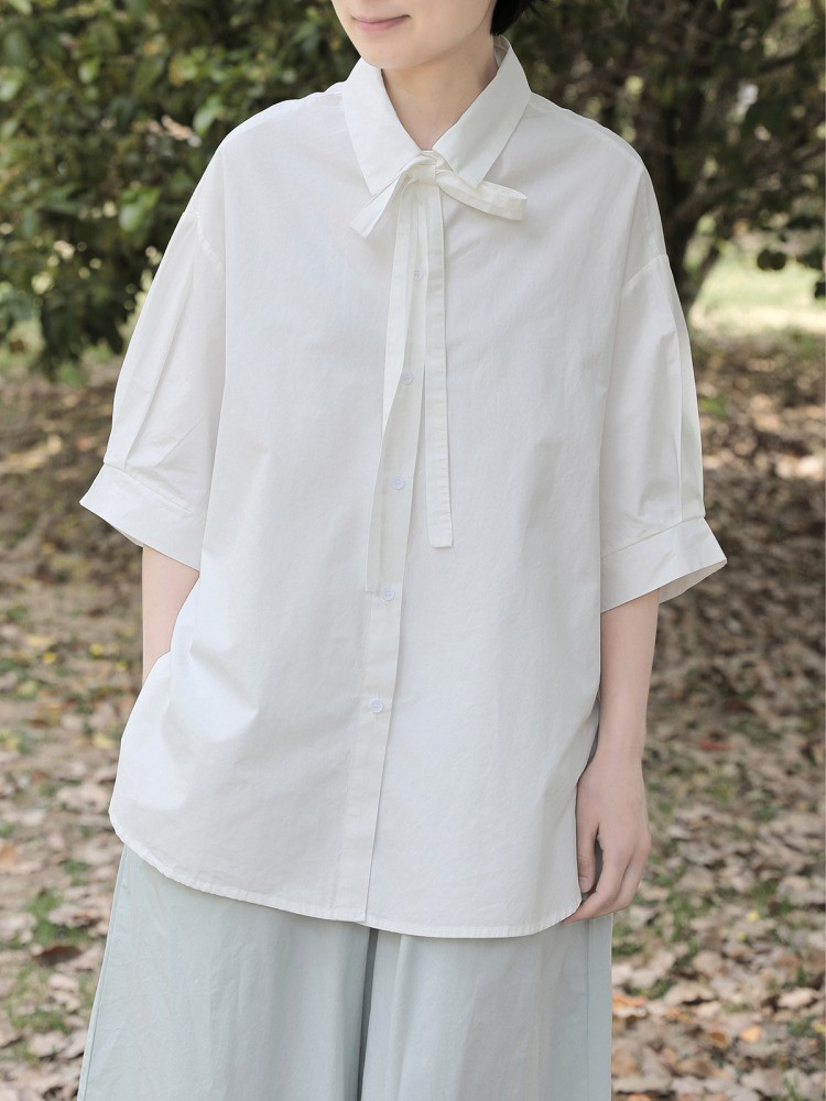 レディース 綿100％シャツ 長袖 リボン付き ゆったりトップス